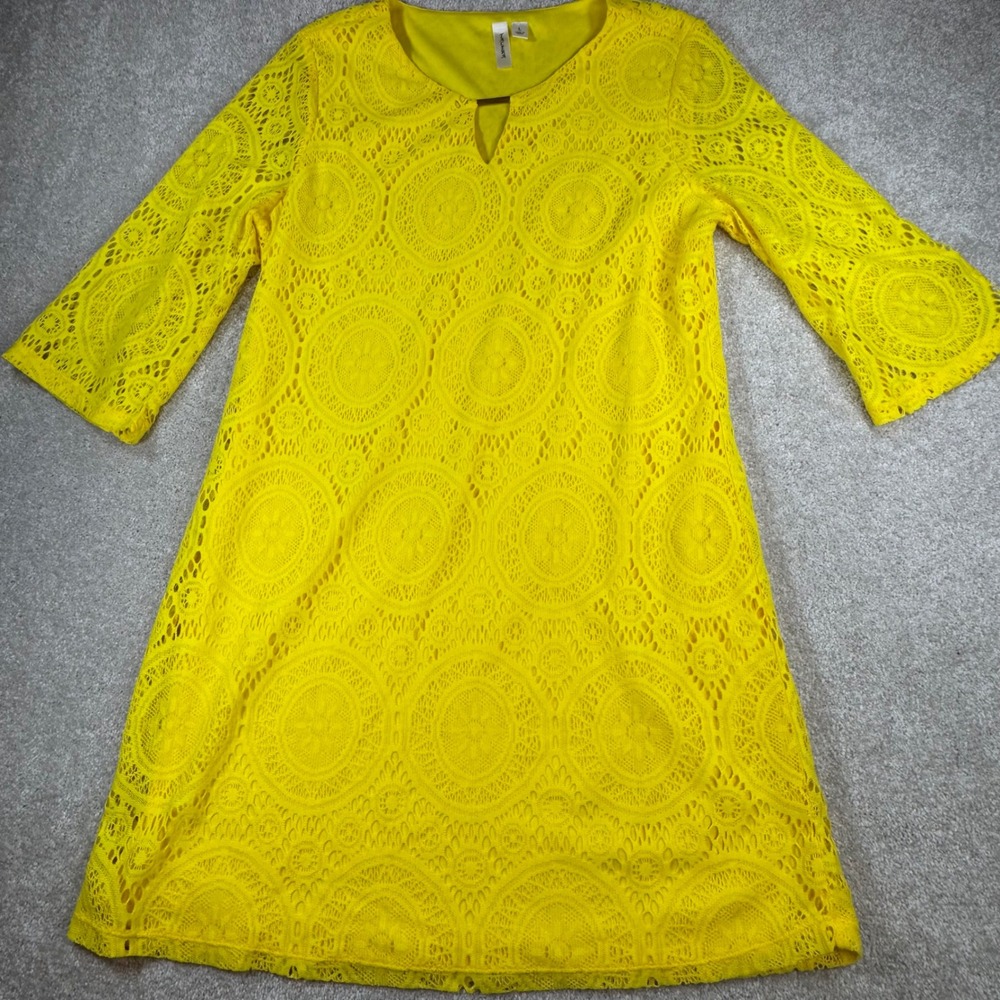 Tacera Yellow Medallion Lace Keyhole Shift Dress Womens Large 3/4 Sleeve 5509L